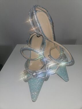 New Mach & Mach Blue Glitter Double Crystal Bow Pointed-Toe Pump Size 41